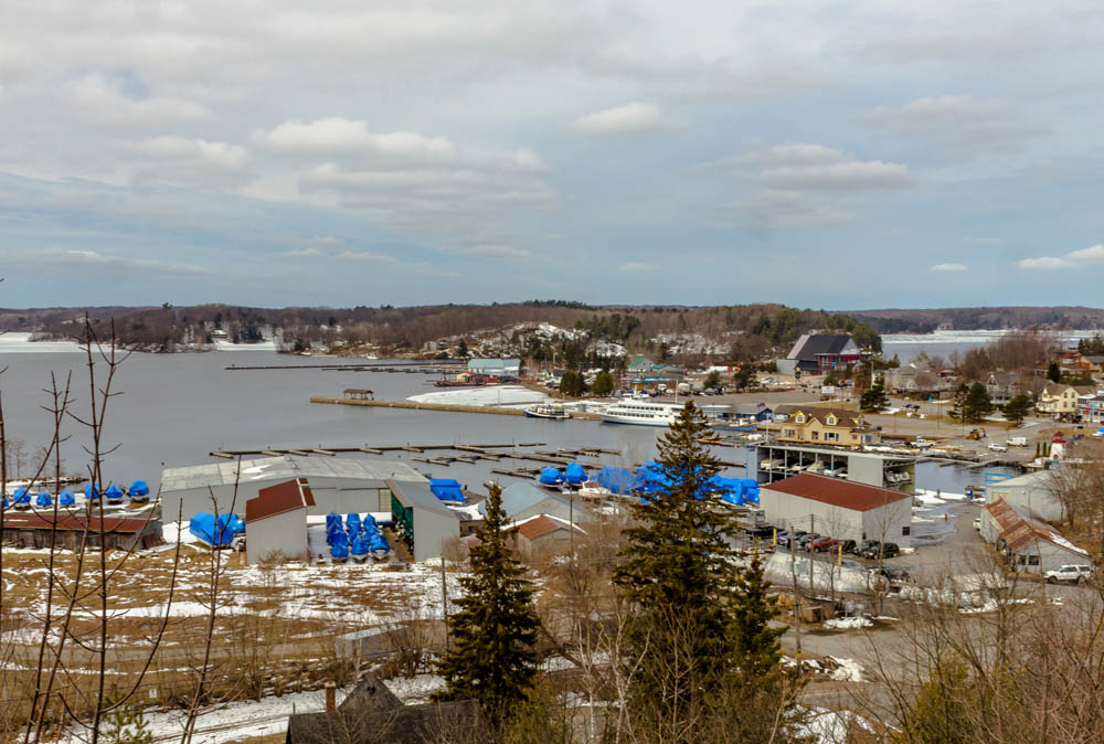 A view of the Conger Mill and lumber yards at the mouth of the Seguin River. Notice the beehive burner at centre, which was used to burn the leftover sawdust. 