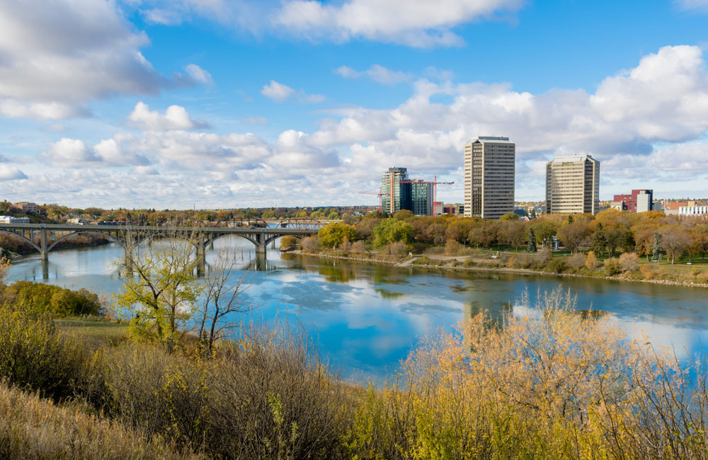 Saskatoon's skyline from across the river.