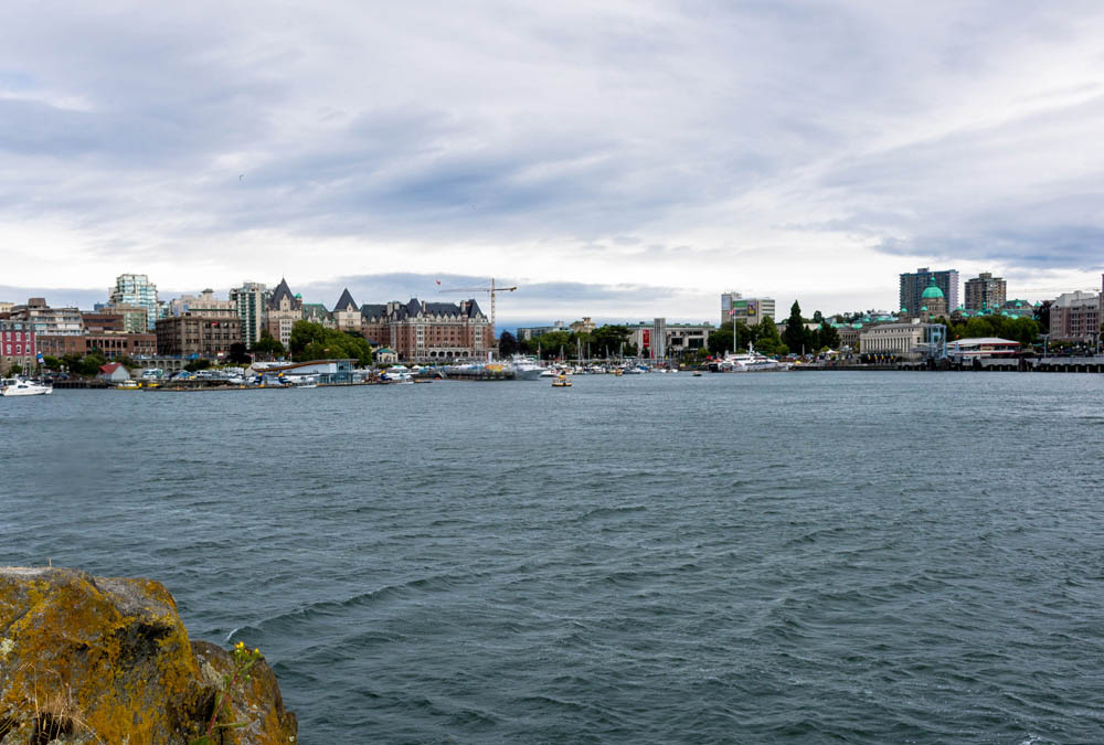 A Blackball ferry, the Chippewa, entering Victoria's Inner Harbour as seen from Esquimalt. At right the legislature can be seen, and at centre the Empress Hotel, which has since been expanded in size. The large building to the left was the post office.